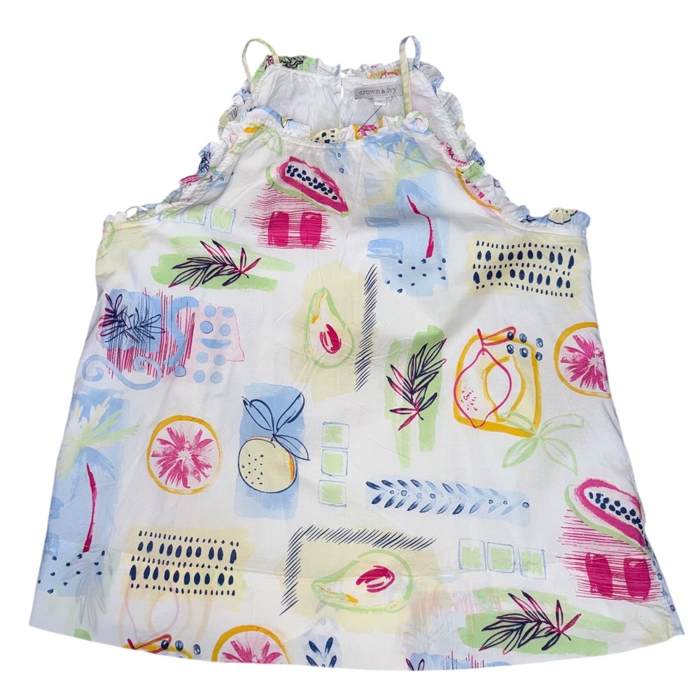 Crown & Ivy Multi Fruit Print Cotton Ruffle Neck Tank‎ Top Small NWT fruitcore